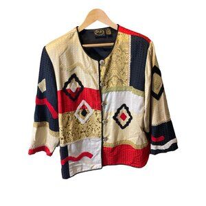 Julia Kim Tan Red White Black Embroidered Jacket Sz 1X